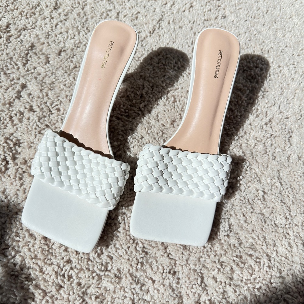 pretty little thing white mini heel woven square toe